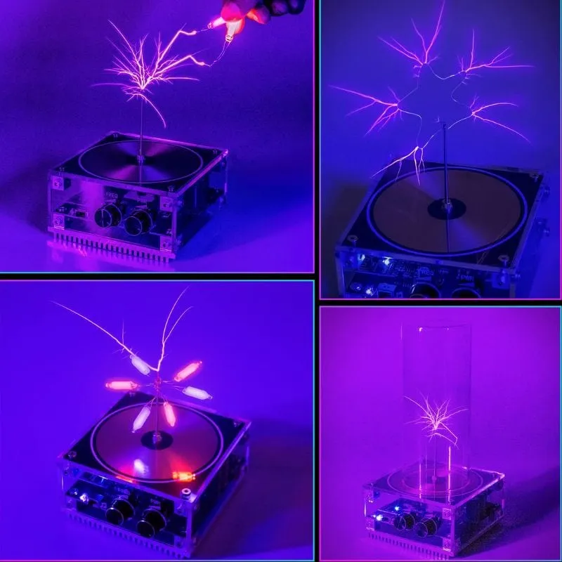 Plasma-Generator mit leuchtenden Funken, der elektrische Entladungen in einem transparenten Gehäuse erzeugt. Perfekt für wissenschaftliche Experimente und Dekorationen im Science-Design.
