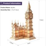 Detailliertes Holzmodell des berühmten Big Ben mit beleuchteten Elementen, perfekt für Wissenschafts- und Dekorationsliebhaber. Maße: 4 x 4 x 7,5 Zoll.