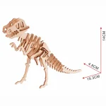Detailliertes Holzmodell eines Dinosaurierskeletts mit Maßangaben, ideal für Wissenschafts- und Dekorationszwecke.
