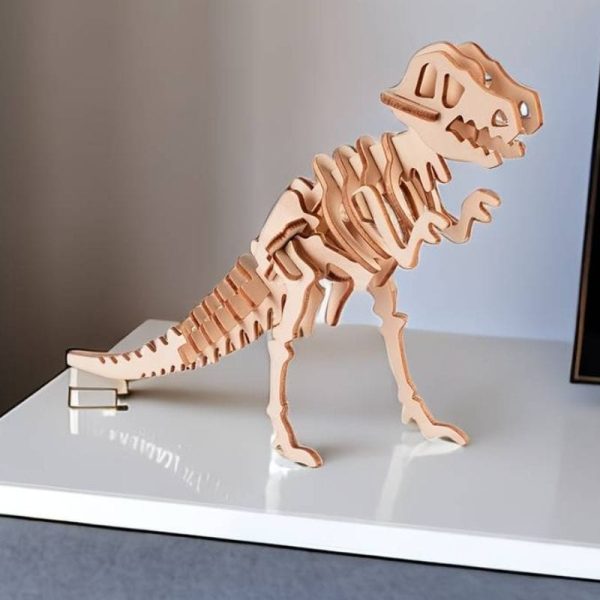 Detailliertes Holz-Dinosaurier-Puzzle, das die Skelettelemente eines Tyrannosaurus Rex zeigt, ideal für Wissenschafts- und Dekorationsliebhaber.