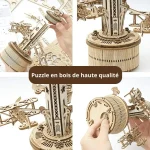 Detailliertes Holz-Puzzle, das komplexe mechanische Strukturen und Zahnräder zeigt, ideal für Wissenschafts- und Technikliebhaber.
