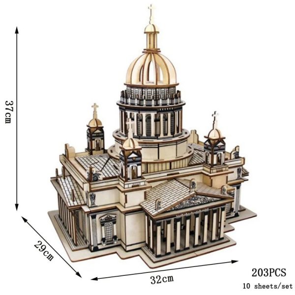 Detailliertes Holzmodell eines barocken Kirchenbaus mit Kuppel und Türmen, perfekt als wissenschaftliches Dekor oder Geschenk.