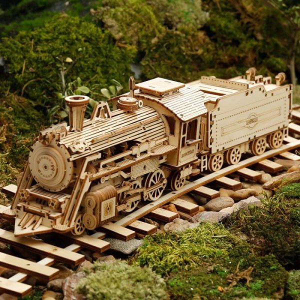 Detailliertes Holzmodell einer Lokomotive auf einem Miniatur-Schienenweg, umgeben von Natur und Grün. Perfekt für Science-Gadgets und Dekorationen.