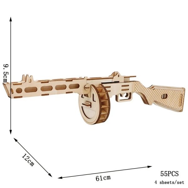 Holzspielzeug-Waffe mit realistischen Details, ideal für Kinder und Wissenschafts-Enthusiasten, Maße: 61cm x 12cm x 9,5cm, 55 Stück pro Set.