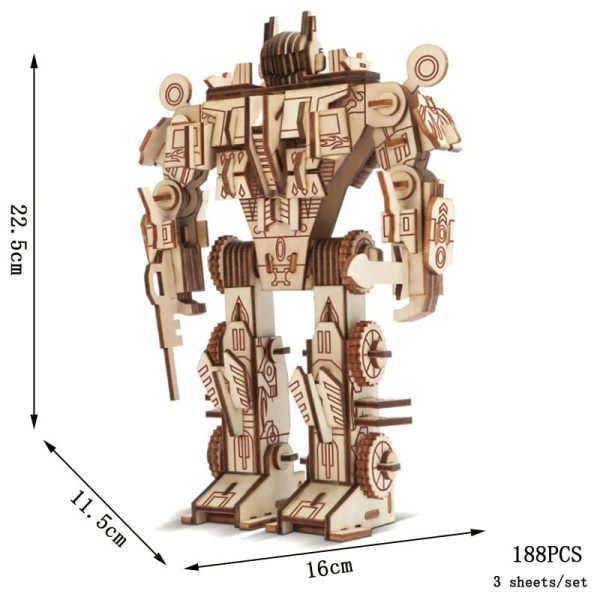 Detailliertes Holz-Puzzle eines Roboters, 22,5 cm hoch, 16 cm breit, mit 188 Teilen, ideal für Science-Gadget- und Dekorationsliebhaber.