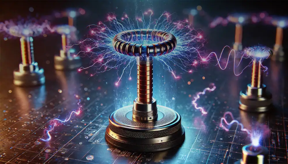 Wissenschaftliches Hochspannungs-Experiment mit Tesla-Spule, die elektrische Entladungen und Blitzeffekte erzeugt. Perfekt für Dekoration und Bildung im wissenschaftlichen Bereich.