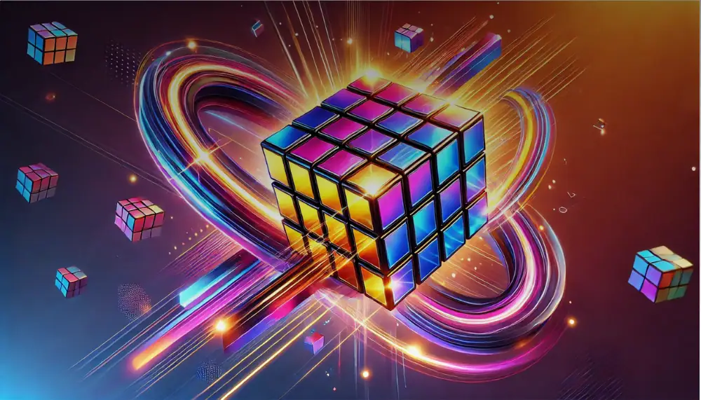 Bunt leuchtender Rubik's Cube mit holographischen Lichteffekten und dynamischen Linien, die Bewegung und Energie im Weltraum darstellen.