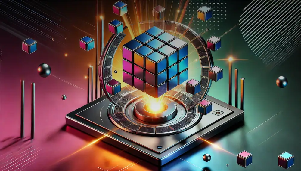 Modernes wissenschaftliches Dekor mit einem leuchtenden, 3D-Rubik-Würfel, der auf einem Plattenspieler liegt, umgeben von leuchtenden Linien und geometrischen Formen.