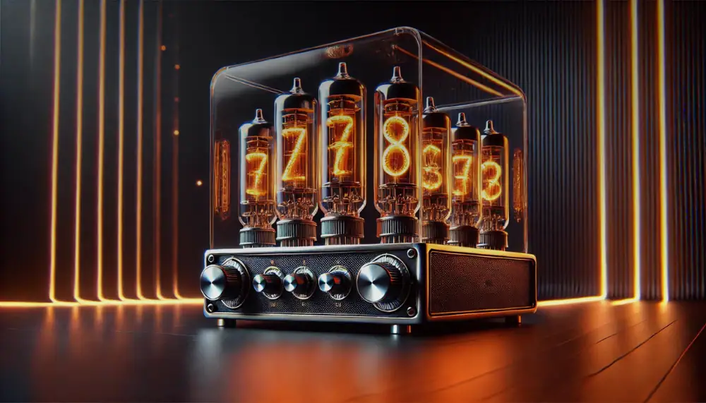 Moderne Nixie-Röhre Uhr mit leuchtenden Ziffern, stilvolles Design für Wissenschafts- und Dekorationsliebhaber, perfekt für ein technisches Ambiente.