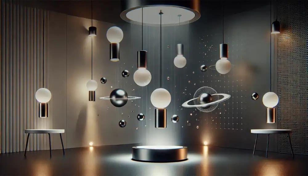 Modernes Science-Decor mit schwebenden Planeten und Glühbirnen in einem stilvollen Raum, ideal für wissenschaftliche Dekorationen und Gadgets.