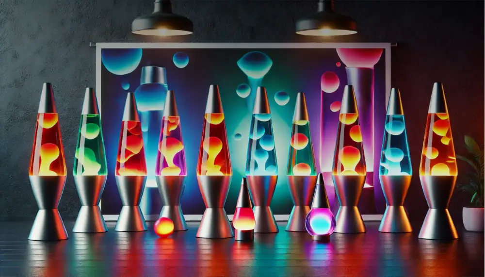 Bunte Lava-Lampen in verschiedenen Farben auf einem Tisch, beleuchtet mit buntem Hintergrund, ideal für wissenschaftliche Dekorationen und moderne Raumgestaltung.