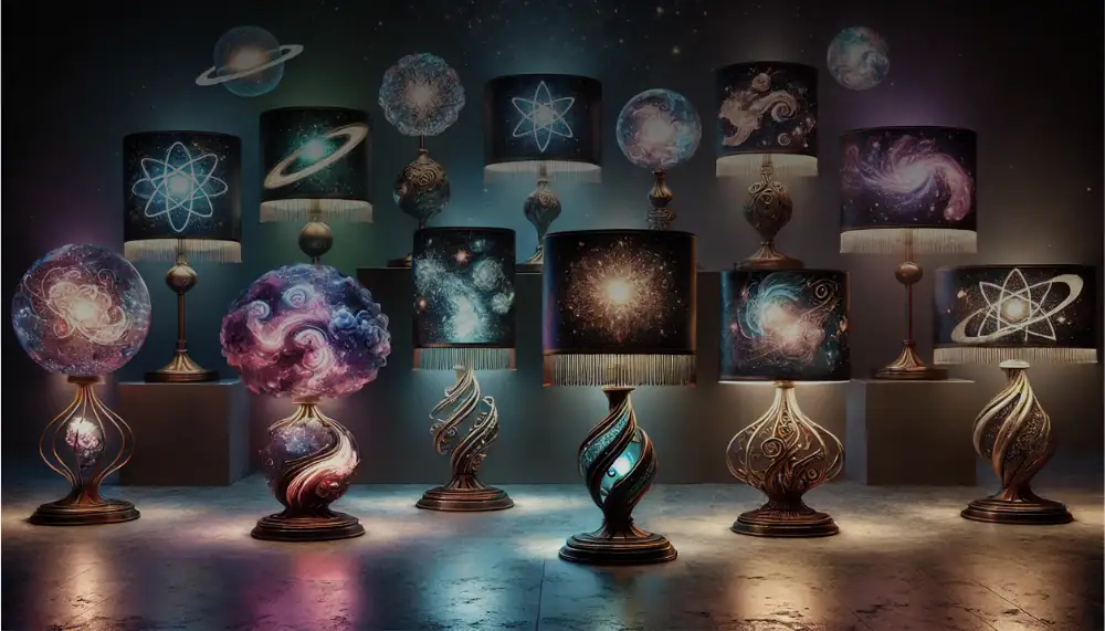 Sammlung von dekorativen Lampen mit Weltraummotiven, die den Nachthimmel und das Universum darstellen, ideal für Science-Fiction- und Astronomie-Enthusiasten.
