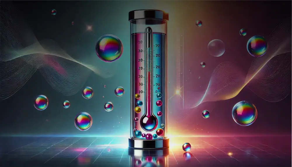 Modernes wissenschaftliches Thermometer mit schillernden Blasen und bunten Lichteffekten, ideal für Dekoration und wissenschaftliche Displays.