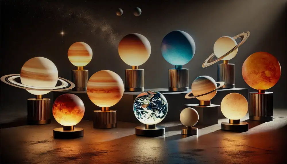Detailliertes Sonnensystem-Modell mit Planeten aus Glas, auf Holzständern präsentiert, ideal für Wissenschafts- und Dekorationszwecke.