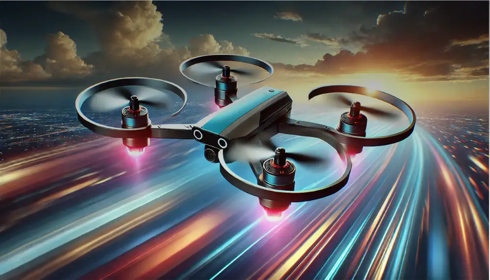 Moderne Drohne fliegt bei Sonnenuntergang über eine leuchtende Stadt, mit dynamischen Lichtspuren im Hintergrund, ideal für Technologie- und Wissenschaftsdekorationen.