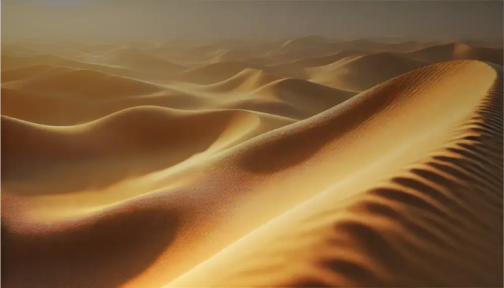 Wüstendünen bei Sonnenuntergang, goldene Sandlandschaft mit sanften Hügeln und Schatten, ruhige und beeindruckende Naturaufnahme.