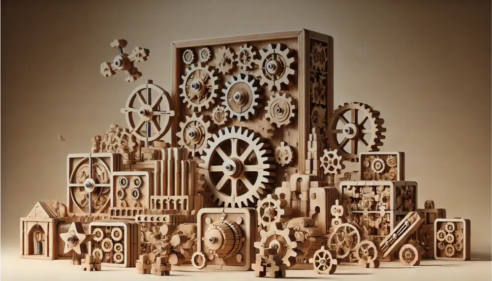 Komplexer Holzmechanismus mit Zahnrädern und mechanischen Teilen, ideal für wissenschaftliche Dekorationen und Lernzwecke.