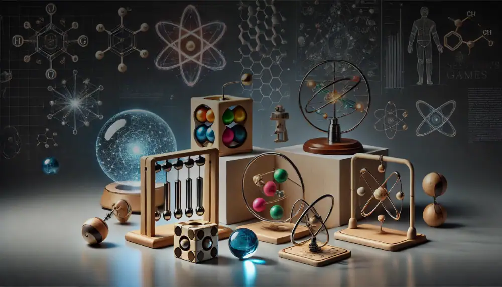 Verschiedene wissenschaftliche Gadgets und Dekorationsartikel, darunter Atommodelle, Molekülstrukturen und physikalische Spielzeuge, ideal für Wissenschaftsbegeisterte und Dekorationsliebhaber.