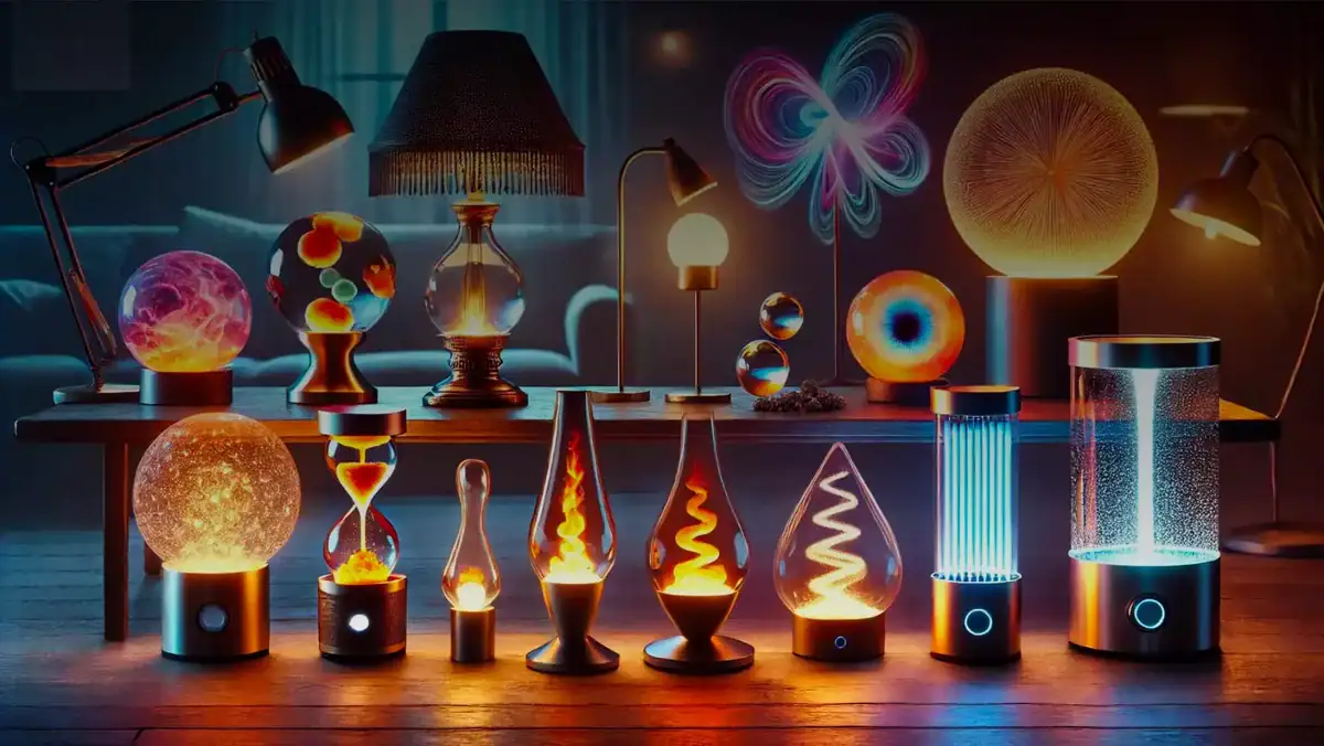Sammlung leuchtender wissenschaftlicher Dekorationen und Gadgets, inklusive Glühbirnen, Plasma- und Lava-Lampen, ideal für wissenschaftliche Themen und moderne Raumgestaltung.