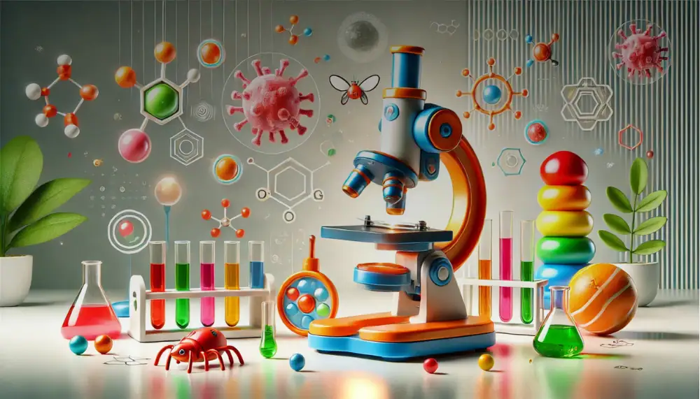 Detailliertes Bild eines Mikroskops, chemischer Reagenzgläser, Moleküle und wissenschaftlicher Symbole, die eine moderne Laborumgebung für wissenschaftliche Forschung und Bildung darstellen.