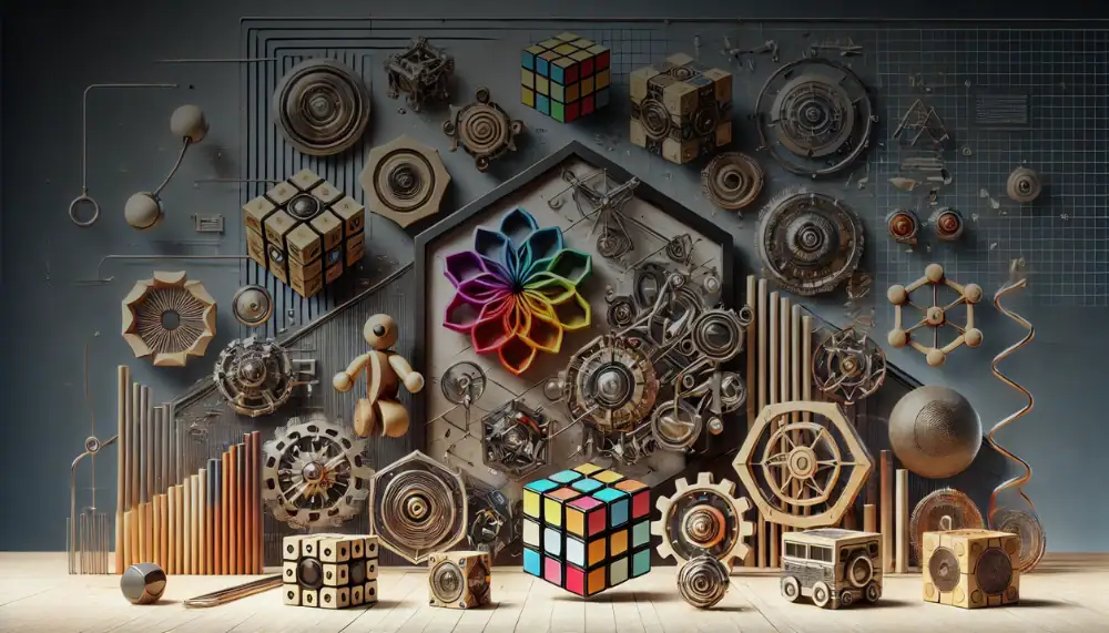Hochwertiges wissenschaftliches Dekorations- und Gadgets-Set mit verschiedenen mechanischen und geometrischen Objekten, inklusive Rubik's Cube, Zahnrädern und Modellen für Wissenschafts- und Technikli.