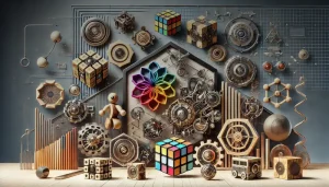 Sammlung von wissenschaftlichen Modellen, Gadgets und Dekorationen, darunter Rubik's Cubes, mechanische Uhren und geometrische Formen, perfekt für Wissenschafts- und Technikliebhaber.