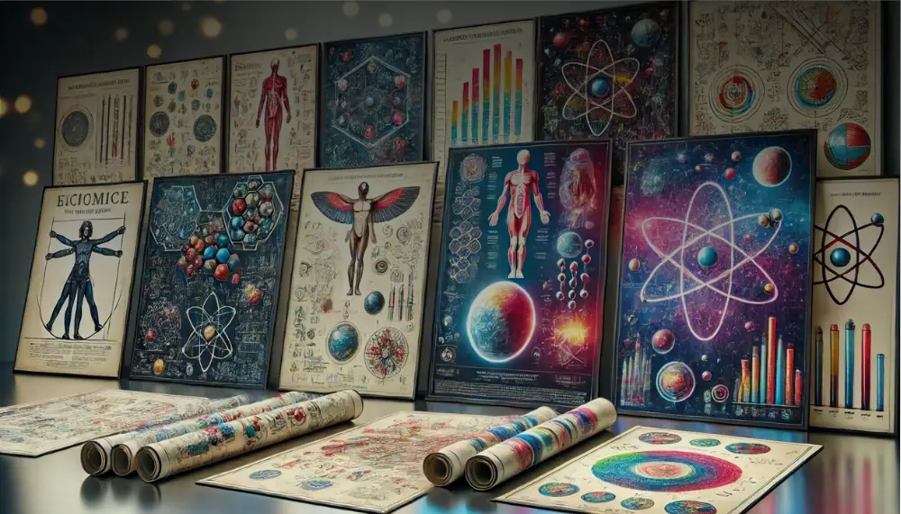 Sammlung von wissenschaftlichen Postern und Bildern mit Themen wie Anatomie, Moleküle, Astronomie und Physik, ideal für Dekoration und Bildung.