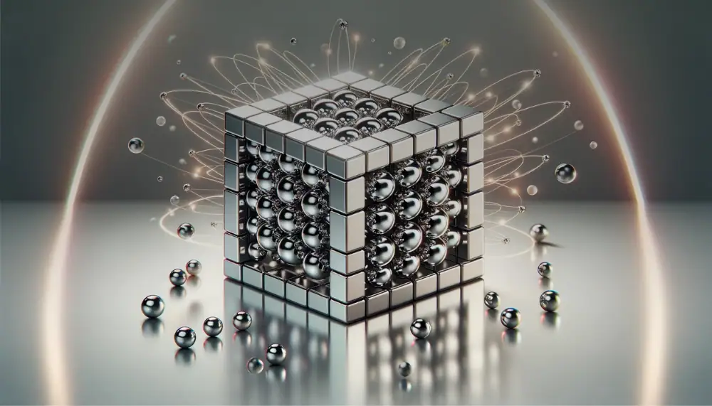 Hochwertiges Bild eines Quantenwürfels mit metallischen Kugeln und Linien, die Quantenphänomene visualisieren, ideal für wissenschaftliche Dekorationen und Gadgets.