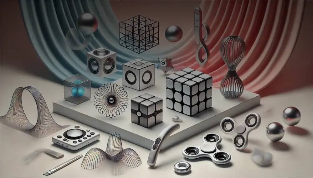 Sammlung wissenschaftlicher Objekte und Gadgets, inklusive geometrischer Formen, Metallkugeln, Spinners und dekorativer Elemente, ideal für Wissenschaftsdekorationen.