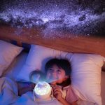 Kinder, die mit einem Sternenhimmel-Projektor im Bett liegen, der den Nachthimmel an die Decke projiziert, um eine beruhigende Atmosphäre zu schaffen.