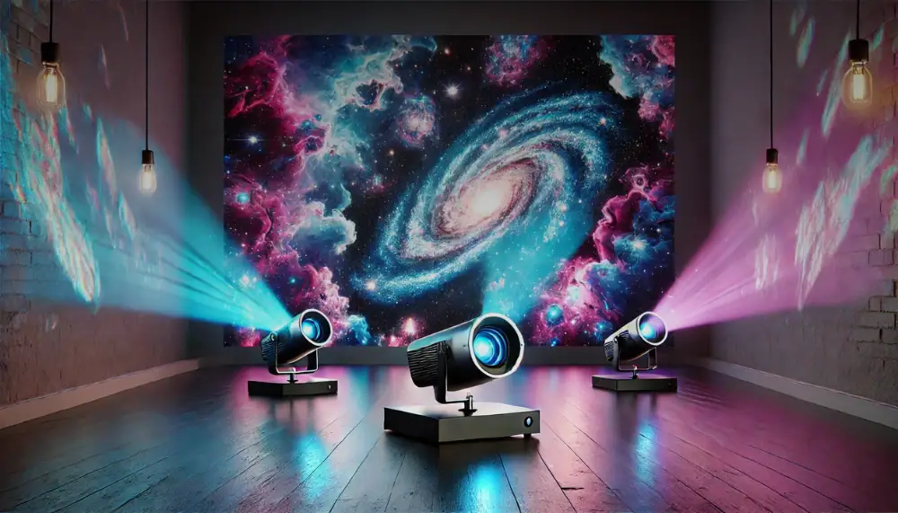 Drei Projektoren projizieren farbige Lichter an die Wände eines Raumes mit einem großen Wandbild eines Galaxie-Himmels, ideal für wissenschaftliche Dekorationen.