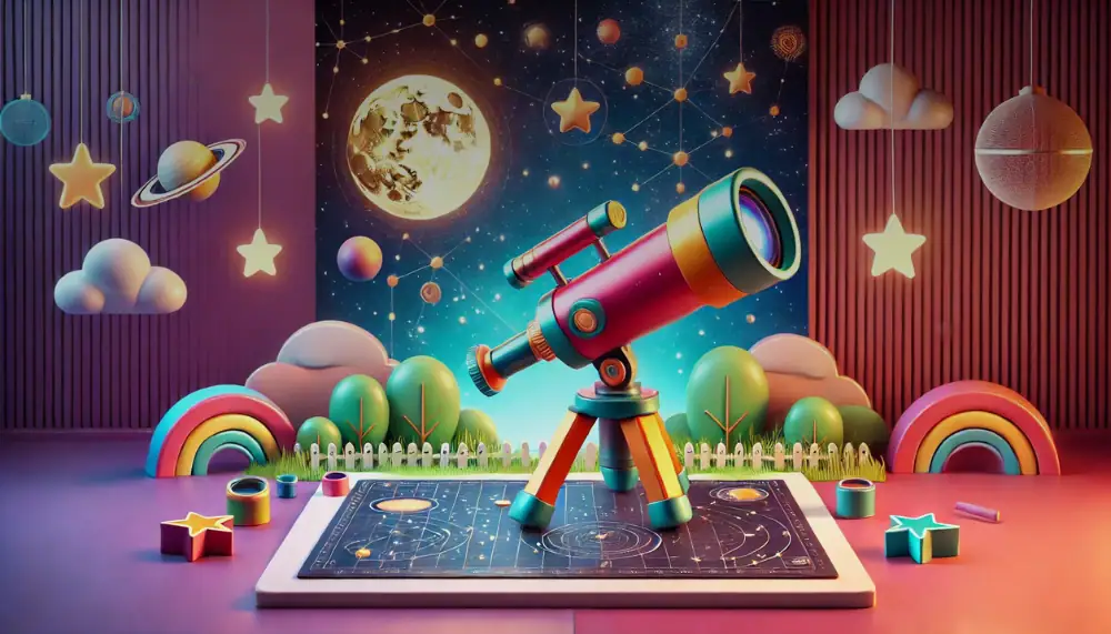 Ein farbenfrohes Teleskop auf einem Tisch mit Weltraumdekoration, Sternen, Planeten und Regenbögen, ideal für wissenschaftliche und dekorative Zwecke.