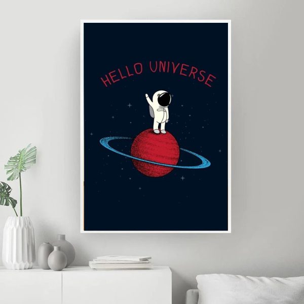 Illustration eines Astronauten auf einem roten Planeten im Weltall mit dem Text "Hello Universe" im Hintergrund, geeignet für wissenschaftliche Dekorationen.