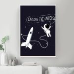 Inspirierendes Wandbild mit Astronaut und Rakete, das zum Erkunden des Weltalls auffordert, perfekt für Wissenschafts- und Raumfahrtliebhaber.