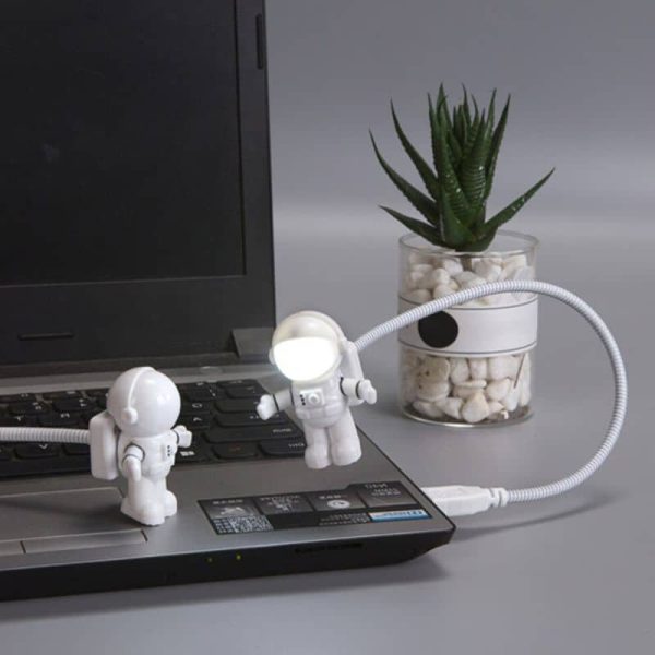 Zwei kleine Astronauten-Spielzeugfiguren auf einem Laptop, verbunden durch ein flexibles Kabel, mit einer Pflanze im Glas im Hintergrund.