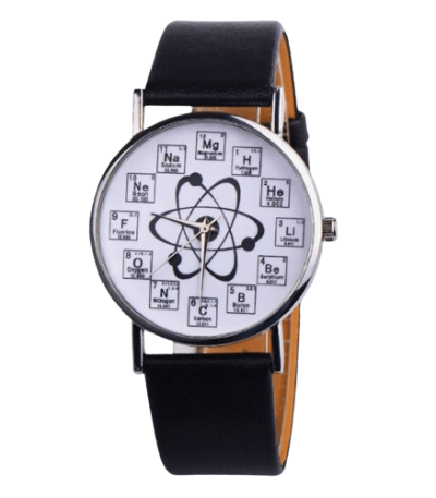 Stilvolle Armbanduhr im Atommodell-Design mit Periodensystem-Elementen, perfekt für Wissenschafts- und Chemie-Enthusiasten, kombiniert Funktionalität mit einzigartigem Look.