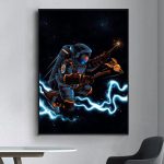 Futuristischer Raumfahrer im All, umgeben von Blitzen und Sternen, mit einem leuchtenden Planeten im Hintergrund. Perfekt für Science-Fiction- und Weltraumdekorationen.