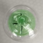 Durchsichtige Blase mit grüner Flüssigkeit und schwarzen Markierungen, wissenschaftliches Dekorationsobjekt.
