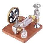 Detailliertes Bild eines wissenschaftlichen Experimentiergeräts mit Glas- und Metallteilen auf Holzbasis, ideal für Bildungs- und Dekorationszwecke.