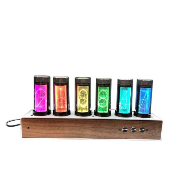 Elektronisches Ziffernblatt mit Neonfarben auf Holzbasis, zeigt die Zahlen 1 bis 6 in leuchtenden Farben, ideal für wissenschaftliche Dekorationen und Gadgets.