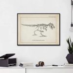 Detaillierte wissenschaftliche Illustration eines Tyrannosaurus Rex Skeletts, perfekt für Bildungs- und Dekorationszwecke.