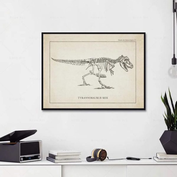 Detaillierte wissenschaftliche Illustration eines Tyrannosaurus Rex Skeletts, perfekt für Bildungs- und Dekorationszwecke.