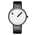 Modernes minimalistisches Armbanduhren-Design mit weißem Zifferblatt, schwarzem Gehäuse und Lederarmband, ideal für stilvolle Dekorationen und wissenschaftliche Sammlungen.
