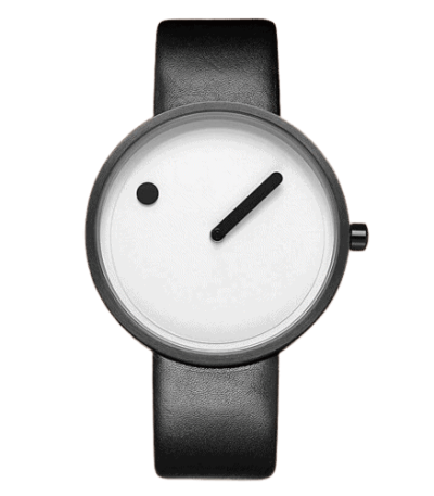 Modernes minimalistisches Armbanduhren-Design mit weißem Zifferblatt, schwarzem Gehäuse und Lederarmband, ideal für stilvolle Dekorationen und wissenschaftliche Sammlungen.