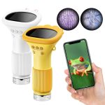 Zwei digitale Mikroskope in Weiß und Gelb mit Smartphone-Adapter, ideal für Kinder und Hobby-Wissenschaftler, zum Beobachten von kleinen Objekten und Natur.