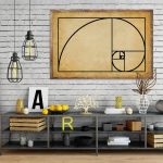Modernes Wandbild mit Fibonacci-Spirale und goldenen Akzenten, perfekt für Wissenschafts- und Kunstliebhaber, ergänzt die Raumgestaltung mit mathematischer Eleganz.