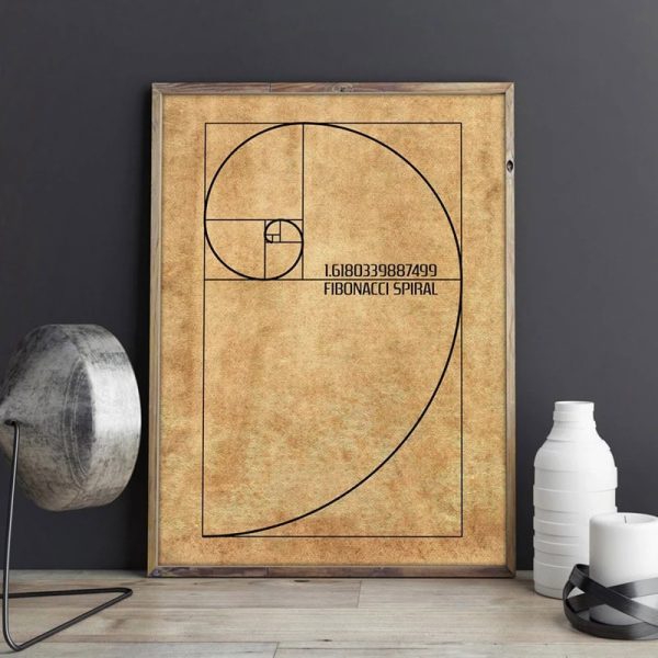 Kunstwerk mit Fibonacci-Spirale auf antikem Papier, gerahmt, in modernem Raum.