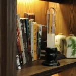 Ein wissenschaftliches Experimentierglas mit Flüssigkeit auf einem Holzregal, umgeben von Büchern und Dekorationsgegenständen, ideal für wissenschaftliche Dekorationen.