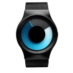 Uhr mit modernem Design, schwarzes Gehäuse und blaues Zifferblatt, ideal für Technik- und Wissenschaftsbegeisterte. Perfekt als Dekorationsstück oder funktionales Accessoire.