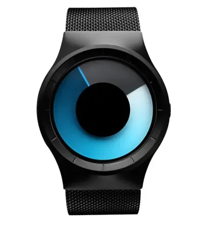 Uhr mit modernem Design, schwarzes Gehäuse und blaues Zifferblatt, ideal für Technik- und Wissenschaftsbegeisterte. Perfekt als Dekorationsstück oder funktionales Accessoire.